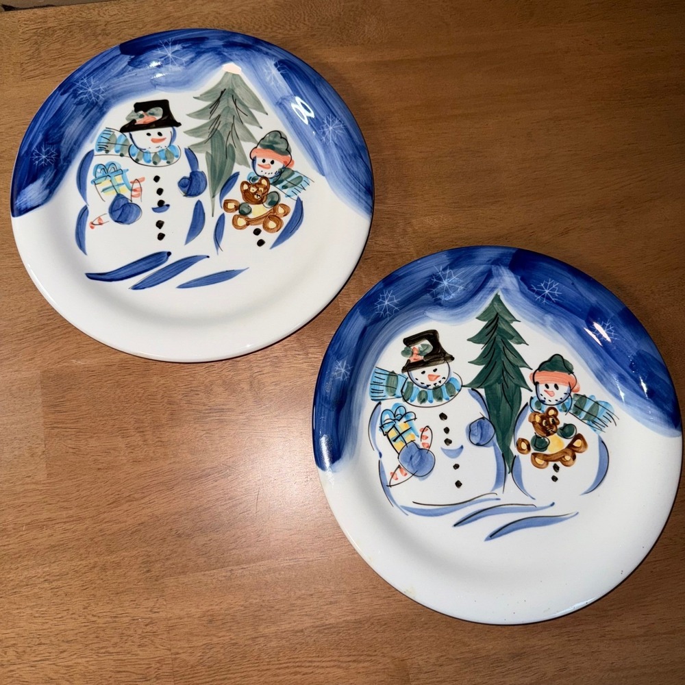 Tabletops Unlimited Winterland Christmas Snowman Dinner Plates Set of 2 10.5"